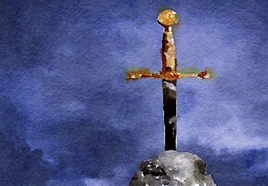 A painting of a mediaval sword stuck in a rock, with blue sky behind.